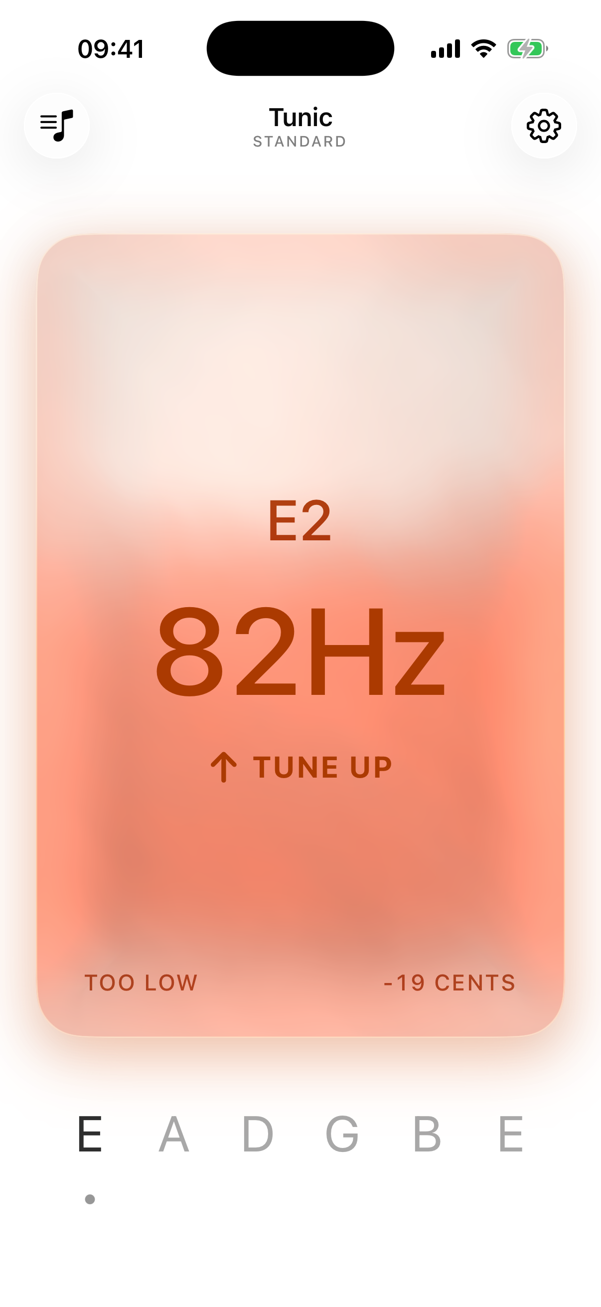 Tunic showing a low E string 19 cents flat, screen red, telling you to tune up